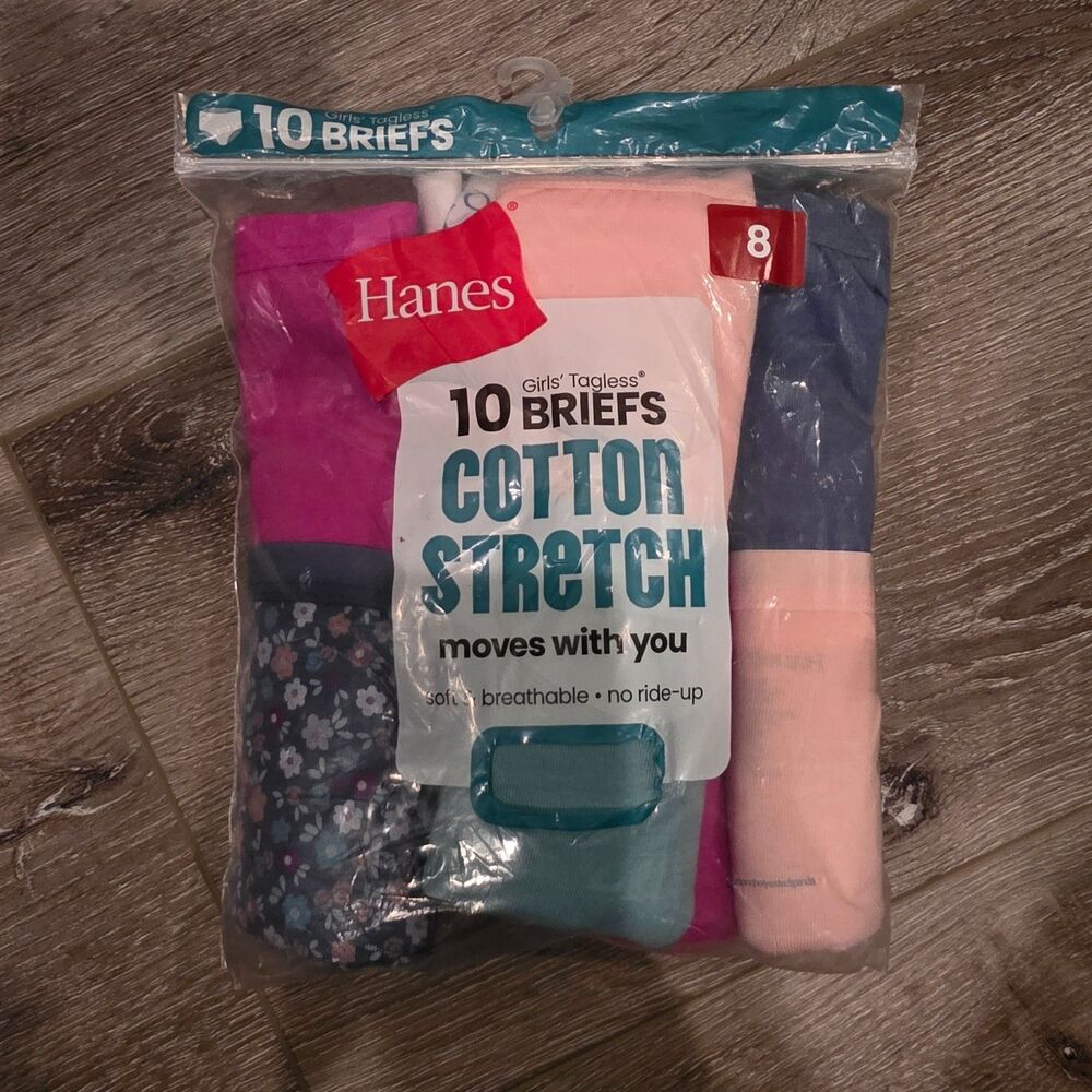 Hanes Girls Tagless 10 Pack Briefs Soft Cotton Stretch Breathable Size 8 New